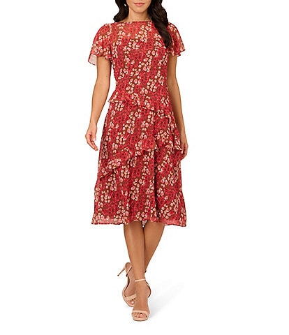 Adrianna Papell Crew Neck Flutter Sleeve Floral Print Crinkle Chiffon Midi Dress