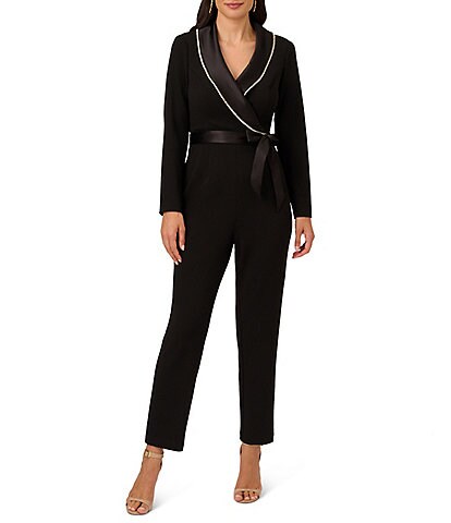Adrianna Papell Crystal Trim Tuxedo Long Sleeve Stretch Jumpsuit