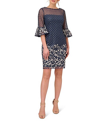 Adrianna Papell Embroidered Boat Neckline 3/4 Bell Sleeve Sheath Dress