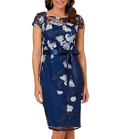 Adrianna Papell Embroidered Floral Print Cap Sleeve Ribbon Tie Waist Sheath Dress