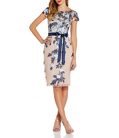Adrianna Papell Embroidered Floral Print Cap Sleeve Ribbon Tie Waist Sheath Dress