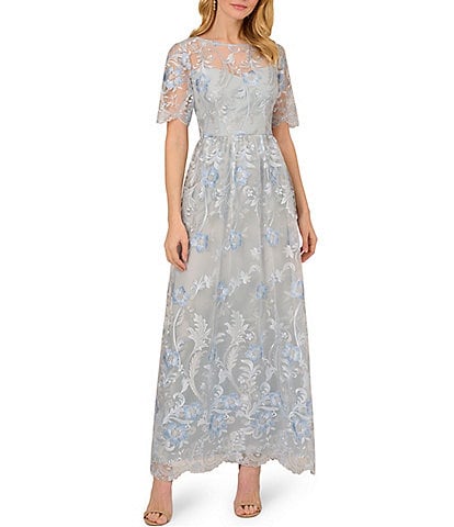Adrianna Papell Embroidered Mesh Boat Neck Illusion Short Sleeve A-Line Gown