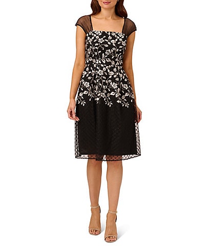 Adrianna Papell Embroidered Square Neck Illusion Cap Sleeve A-Line Midi Dress