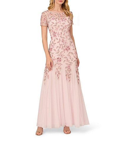 Adrianna Papell Round Neck Short Sleeve Floral Beaded Mesh Godet Fit and Flare Gown