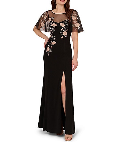 Adrianna Papell Floral Beaded Mesh Crepe Boat Neck Flutter Sleeve Gown