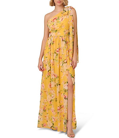 Adrianna Papell Floral Chiffon One Bow Shoulder Sleeveless Gown