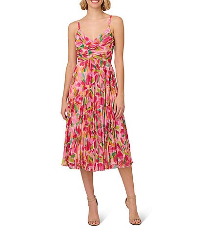 Adrianna Papell Floral Chiffon V-Neck Sleeveless Pleated Midi Dress