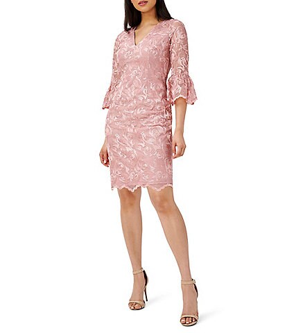 Adrianna Papell Floral Embroidered 3/4 Bell Sleeve V-Neck Scallop Hem Sheath Dress