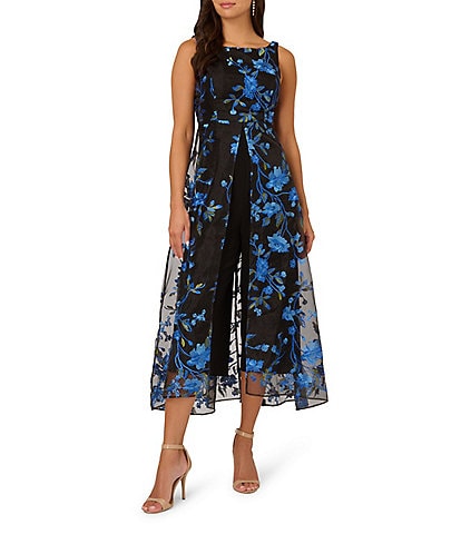 Adrianna Papell Floral Embroidered Boat Neck Sleeveless Side Leg Cropped Jumpsuit