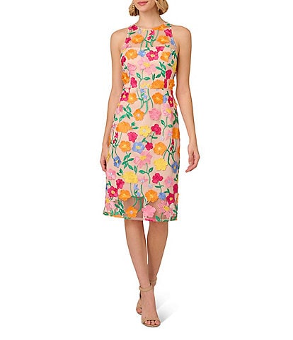 Adrianna Papell Floral Embroidered Crew Neck Sleeveless Dress