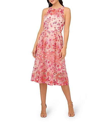 Adrianna Papell Floral Embroidered Hlater Neck A-Line Midi Dress
