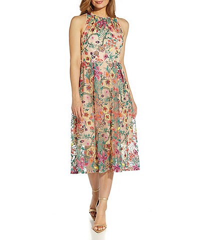 Adrianna Papell Floral Embroidered Hlater Neck A-Line Midi Dress