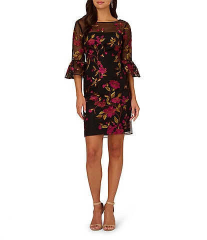 Adrianna Papell Floral Embroidered Illusion Boat Neck 3/4 Sleeve Ruffle Cuff Dress