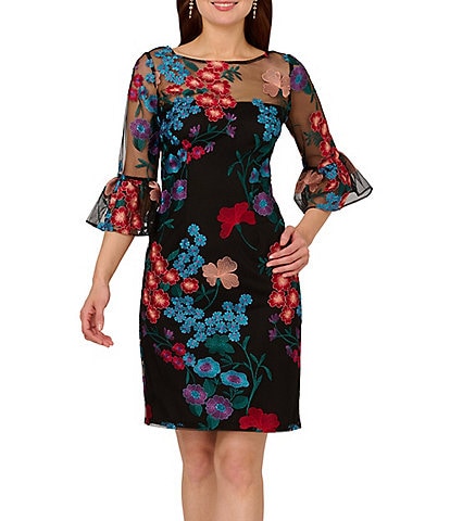 Adrianna Papell Floral Embroidered Mesh Boat Neck Elbow Sleeve Dress
