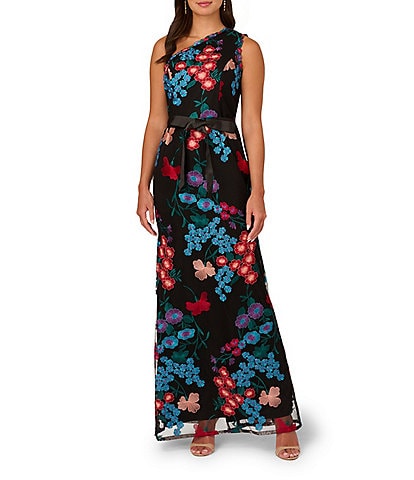 Adrianna Papell Floral Embroidered Mesh One Shoulder Sleeveless Tie Waist Gown