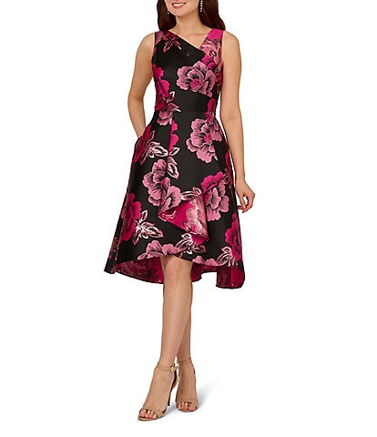 Adrianna Papell Floral Jacquard Asymmetrical V-Neck Sleeveless Front Ruffle Dress