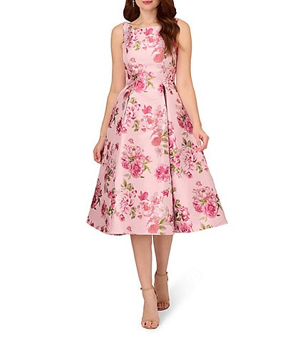 Adrianna Papell Floral Jacquard Boat Neck Sleeveless Fit and Flare Midi Dress