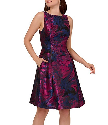 Adrianna Papell Floral Jacquard Boat Neck Sleeveless Open Back Side Pocket Pleated Dress