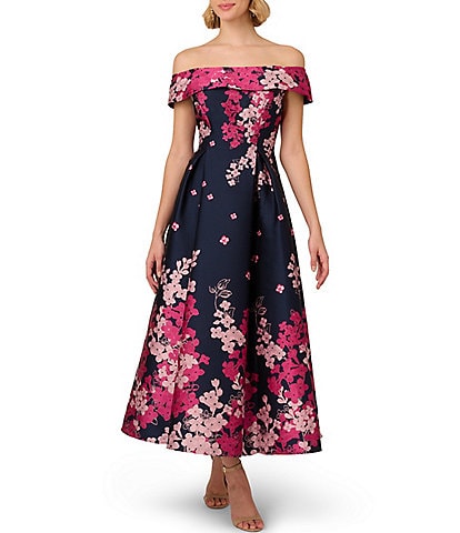 Adrianna Papell Floral Jacquard Off-the-Shoulder Fit and Flare Dress