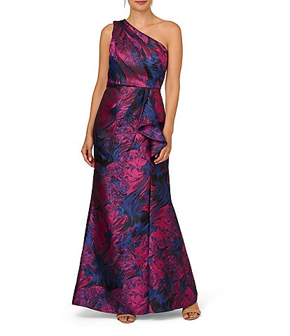 Adrianna Papell Floral Jacquard One Shoulder Sleeveless Mermaid Gown