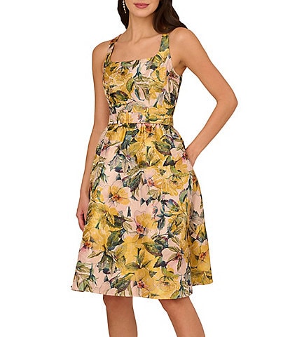 Adrianna Papell Floral Jacquard Square Neck Sleeveless Belted Dress