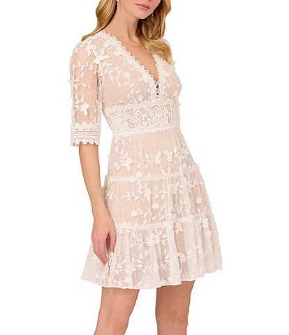Adrianna Papell Floral Lace Embroidery V-Neck Short Sleeve Tiered Mini A-Line Dress