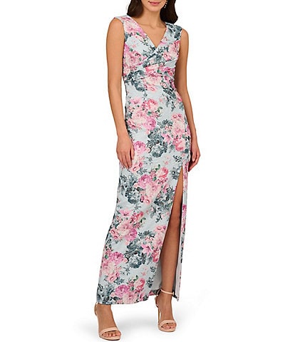 Adrianna Papell Floral Metallic Jacquard Surplice V-Neck Cap Sleeve Front Slit Gown
