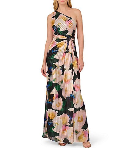 Adrianna Papell Floral Metallic Satin One Shoulder Sleeveless Twist Waist Gown