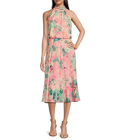 Adrianna Papell Floral Mock Halter Neck Sleeveless Blouson Midi Dress