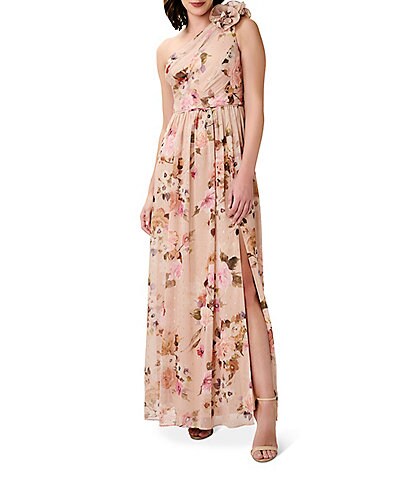 Adrianna Papell Floral Print Asymmetrical One Shoulder Sleeveless Front Slit Gown