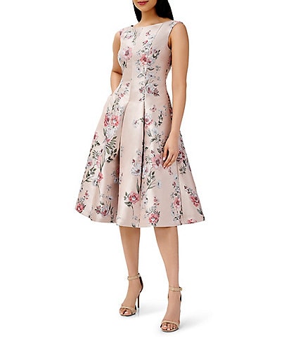 Adrianna Papell Floral Print Brocade Boat Neck Cap Sleeve A-Line Midi Dress