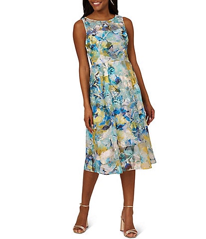 Adrianna Papell Floral Print Embroidered Mikado Boat Neck Sleeveless Dress