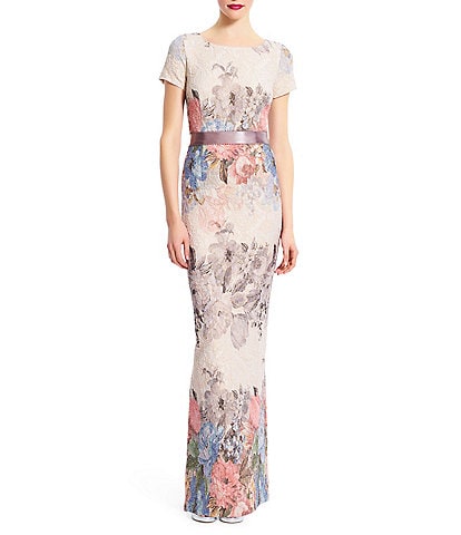 Adrianna Papell Floral Print Jacquard Boat Neck Short Sleeve Gown