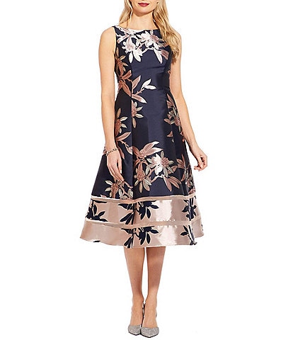 Adrianna Papell Floral Print Jacquard Boat Neckline Sleeveless Fit and Flare Dress
