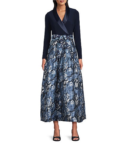 Adrianna Papell Floral Print Long Sleeve V-Neck Jersey Jacquard Tuxedo Dress
