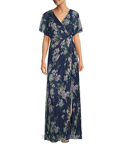 Adrianna Papell Floral Print Metallic Mesh Surplice V-Neck Short Sleeve Front Slit Gown