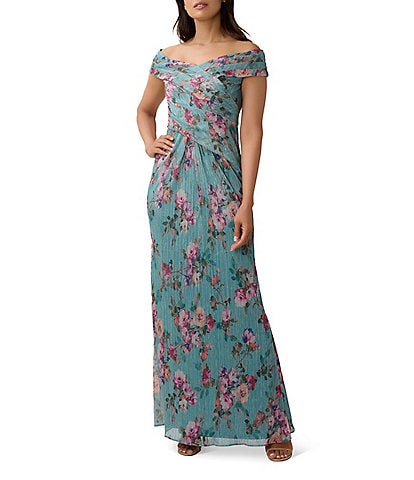 Adrianna Papell Floral Print Off-The-Shoulder Cap Sleeve Ruched Sheath Gown