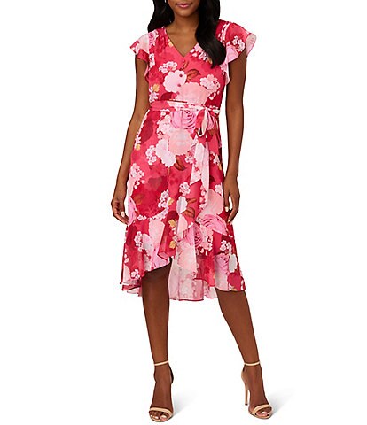 Adrianna Papell Floral Print Short Flutter Sleeve V-Neck Faux Wrap High Low Hem Dress
