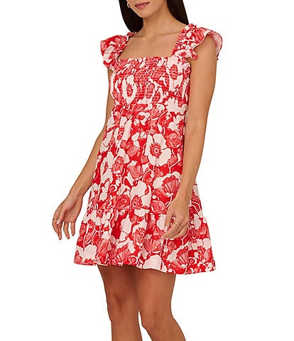 Adrianna Papell Floral Print Square Neck Flutter Sleeve Smocked Mini Dress