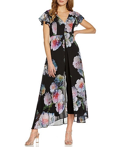 Adrianna Papell Floral Printed V-Neck Flutter Short Sleeve Overlay Jumpsuit