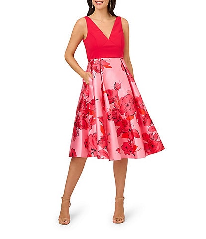 Adrianna Papell Floral Printed V Neckline Sleeveless Fit and Flare Midi Dress