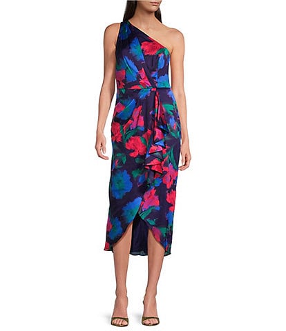 Adrianna Papell Floral Satin One Shoulder Sleeveless Ruffle Dress
