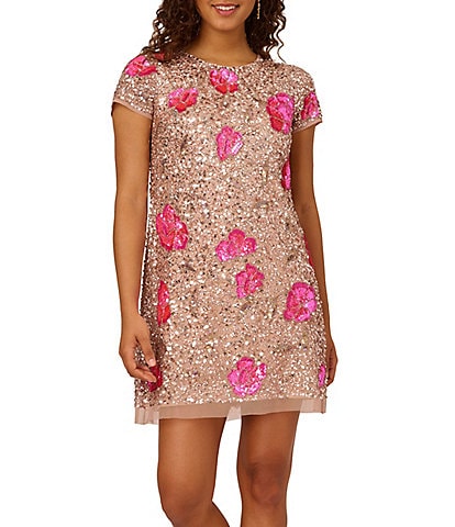 Adrianna Papell Floral Sequin Beaded Mesh Crew Neck Short Sleeve Mini Dress