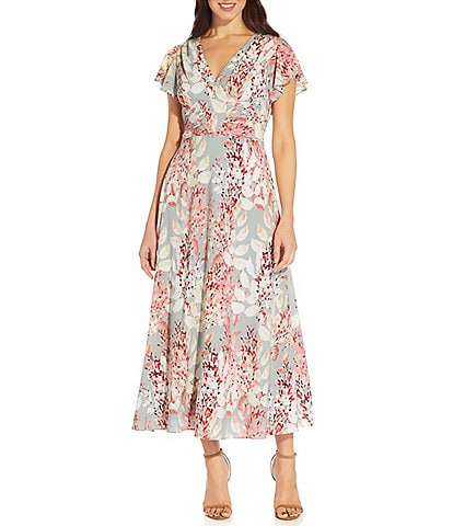 Adrianna Papell Floral Print Short Sleeve V-Neck Bow Tie Back Detail A-Line Midi Dress