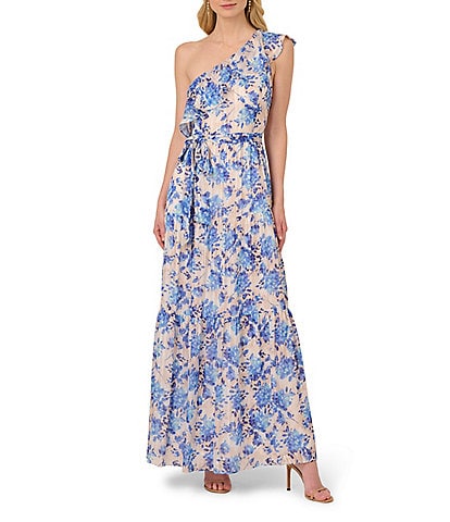 Adrianna Papell Floral Stripe Satin One Shoulder Ruffle Trim Belted A-Line Dress