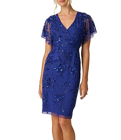 Adrianna Papell Flutter Sleeve Beaded Dress
