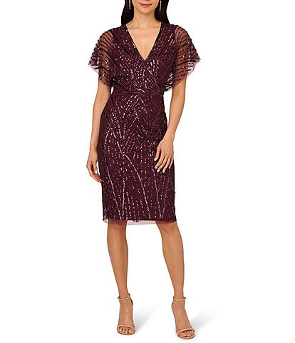 Adrianna Papell Flutter Sleeve Beaded Sheath Dress