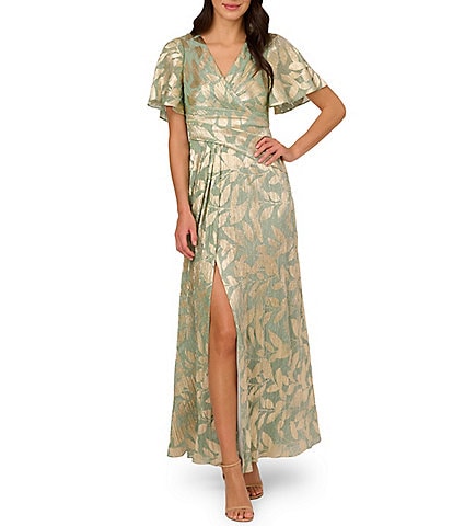 Adrianna Papell Foiled Leaf Print Surplice V-Neck Short Flutter Sleeve Gown