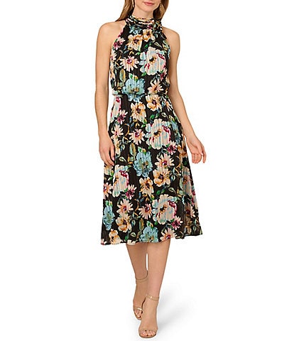 Adrianna Papell Halter Floral Print Chiffon Blouson Midi Dress