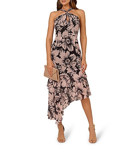Adrianna Papell Halter Neck Sleeveless Floral Chiffon Asymmetrical Hem Midi Dress